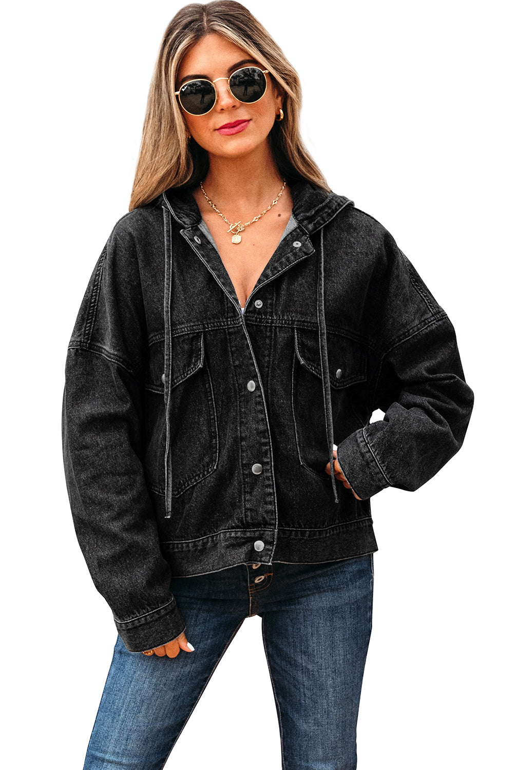 Black Big Chest Pocket Drop Shoulder Hooded Denim Jacket