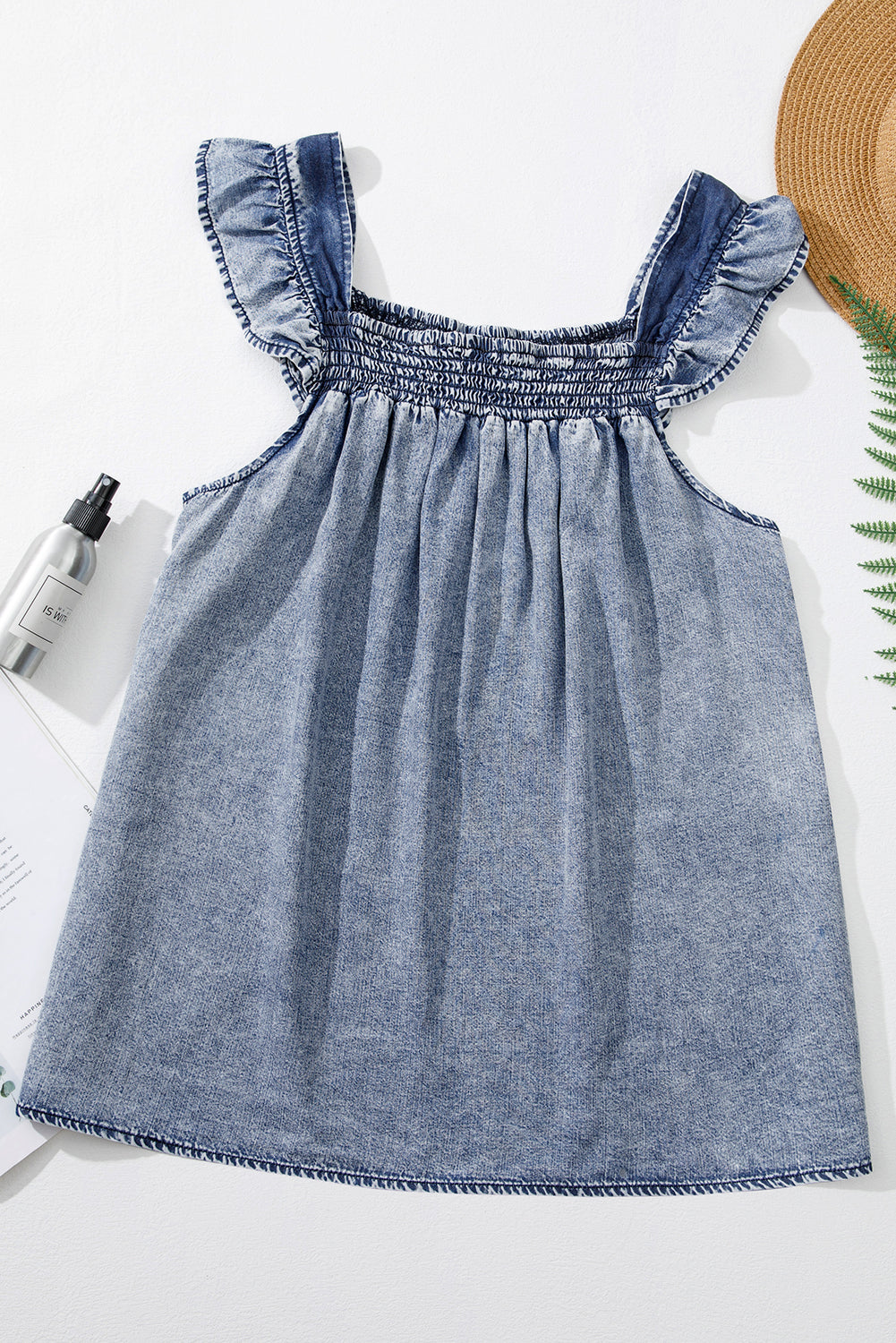Ashleigh Blue Ruffled Shirred Neckline Sleeveless Denim Tank Top
