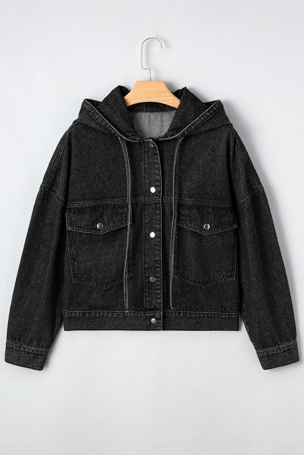 Black Big Chest Pocket Drop Shoulder Hooded Denim Jacket