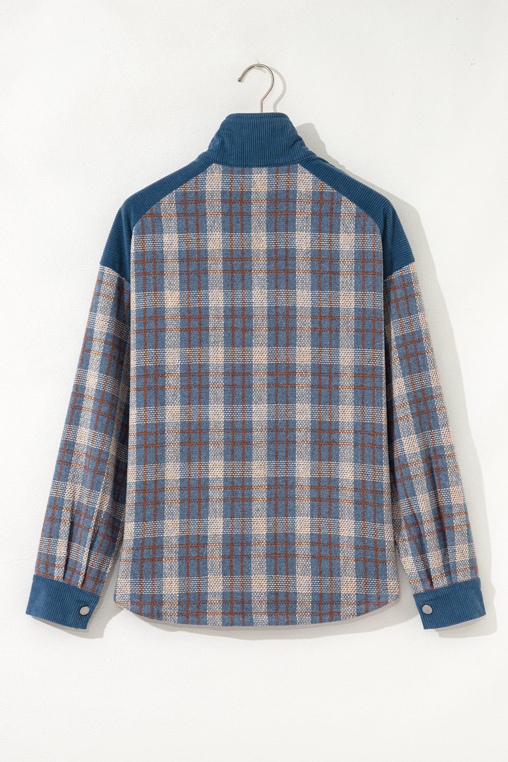 Gray Plaid Corduroy Patchwork Collared Zip Up Snap Button Jacket