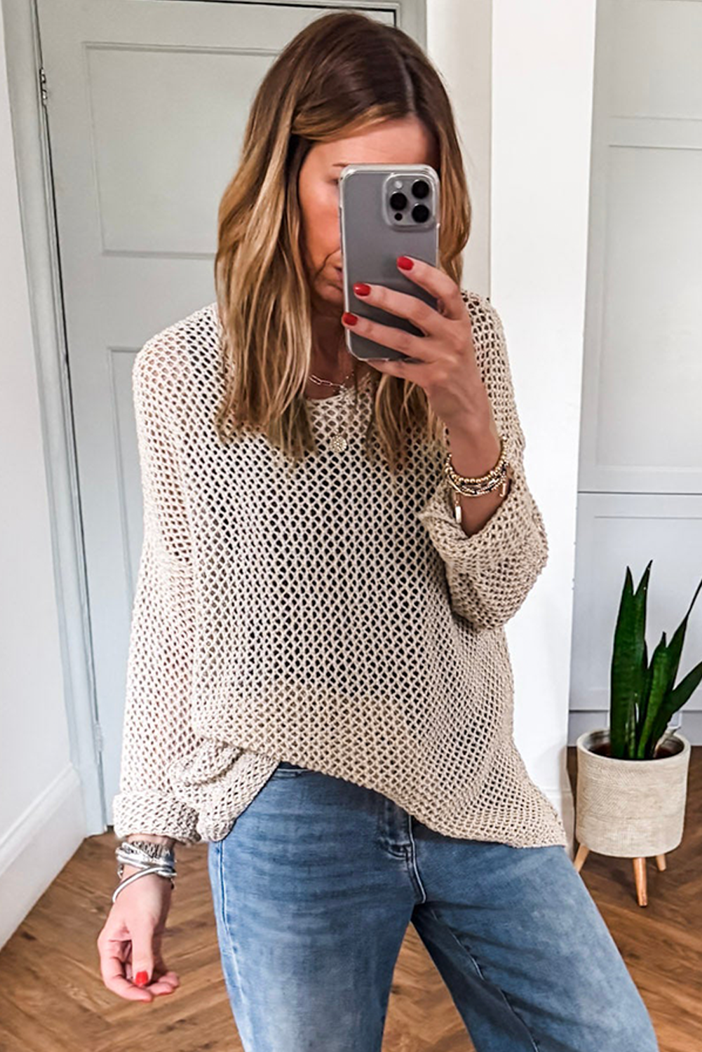 Smoke Gray Crochet Hollow-out Jumper Top Sweater