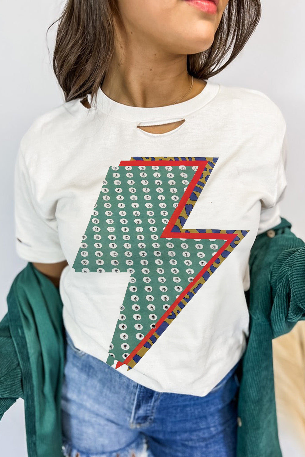 White Rhinestone Decor Bolt Graphic Ripped Western Tee