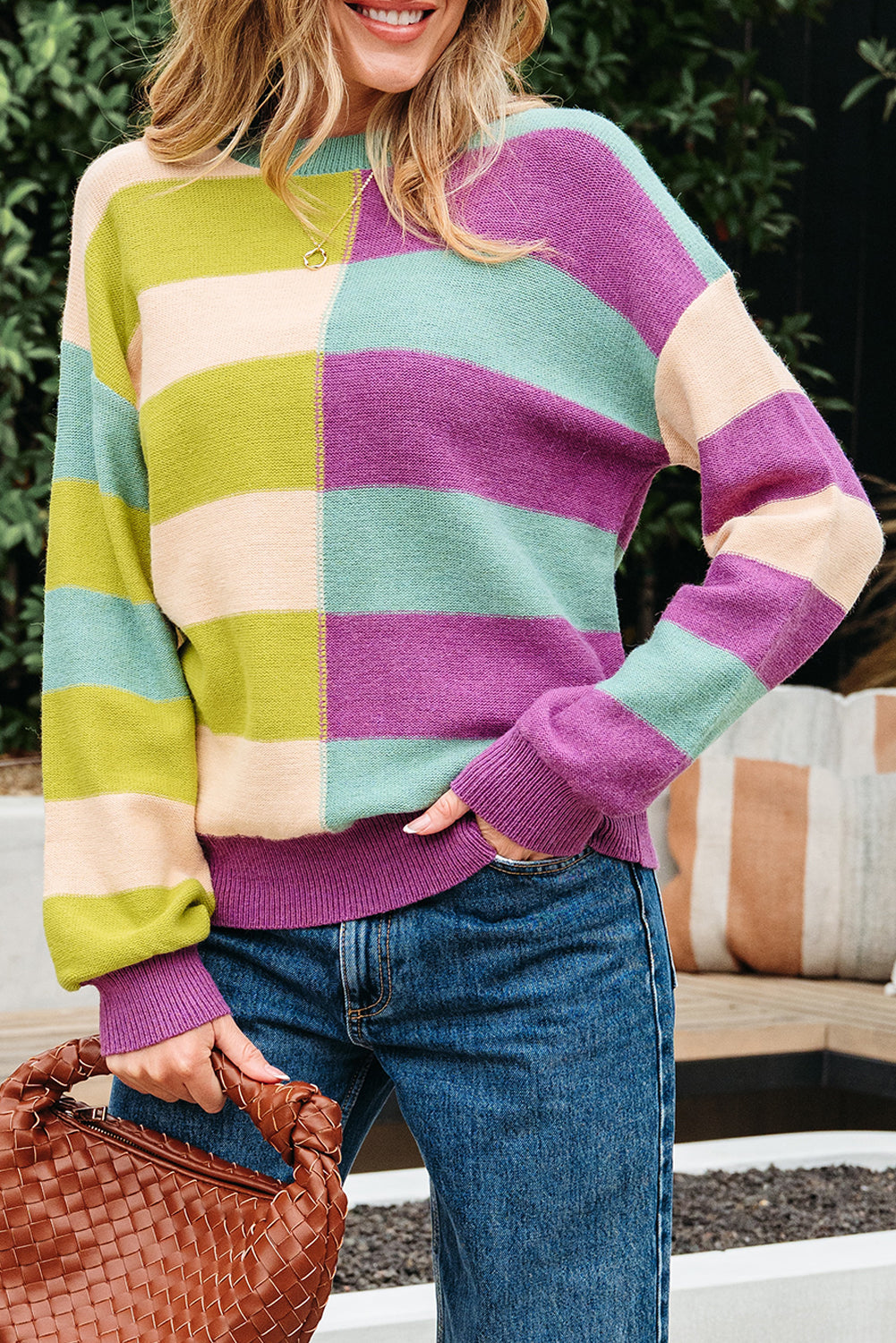 Green Stripe Drop Shoulder Ribbed Edge Casual Sweater
