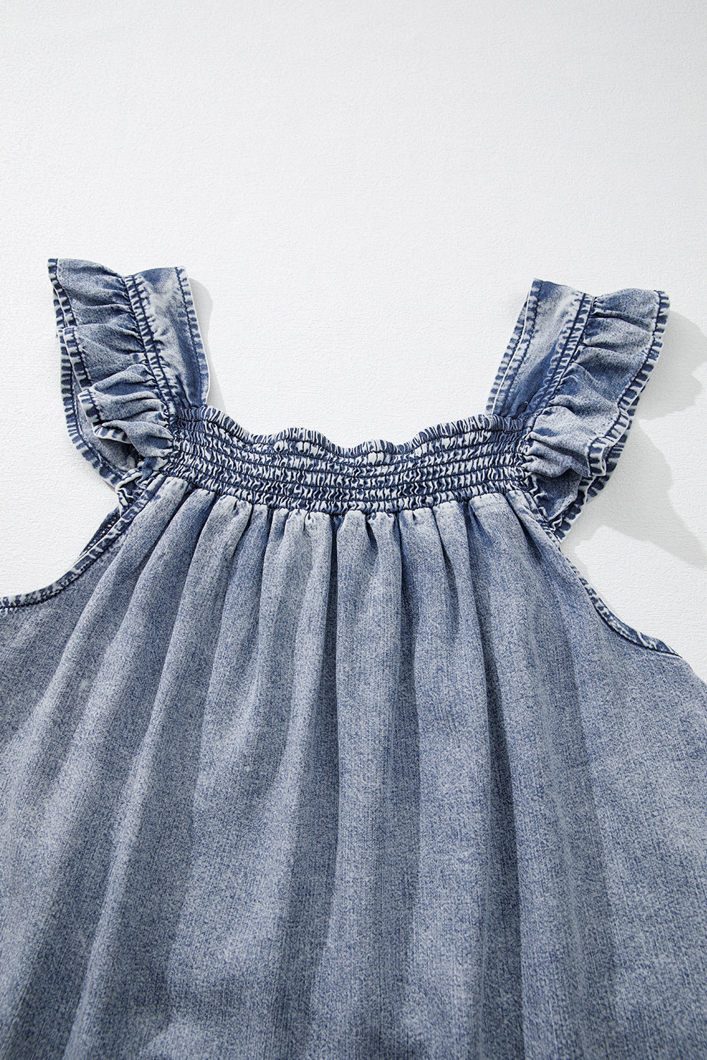 Ashleigh Blue Ruffled Shirred Neckline Sleeveless Denim Tank Top
