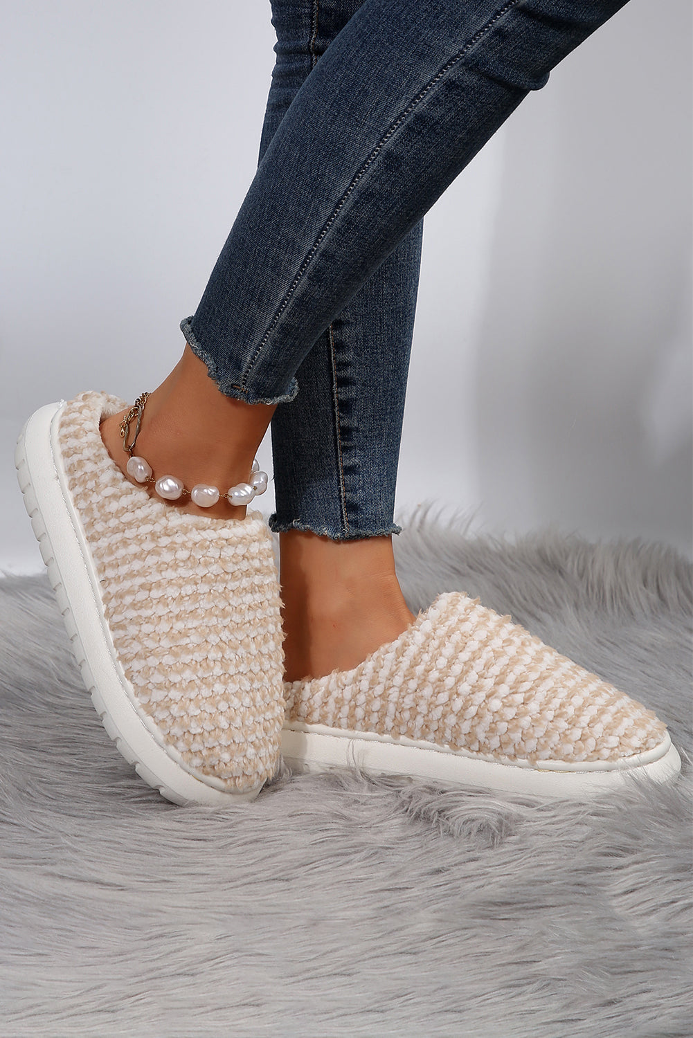 Pale Khaki Two-tone Knitted Warm Homewear Slippers