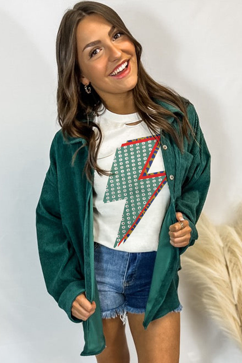 White Rhinestone Decor Bolt Graphic Ripped Western Tee