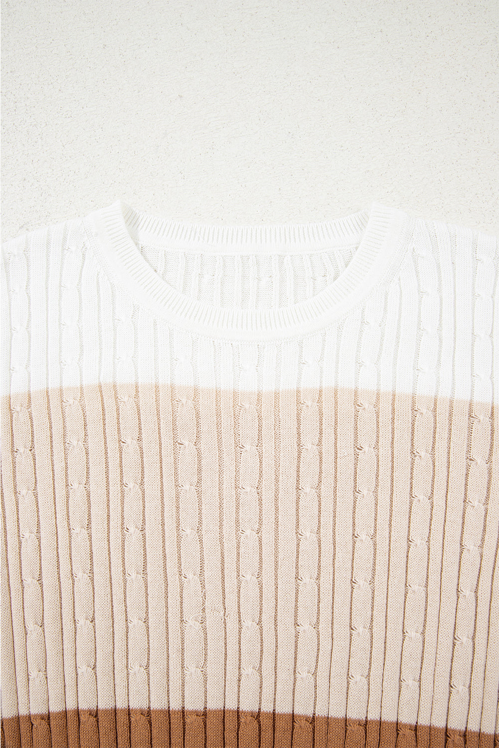 Khaki Colorblock Cable Knit Round Neck Sweater