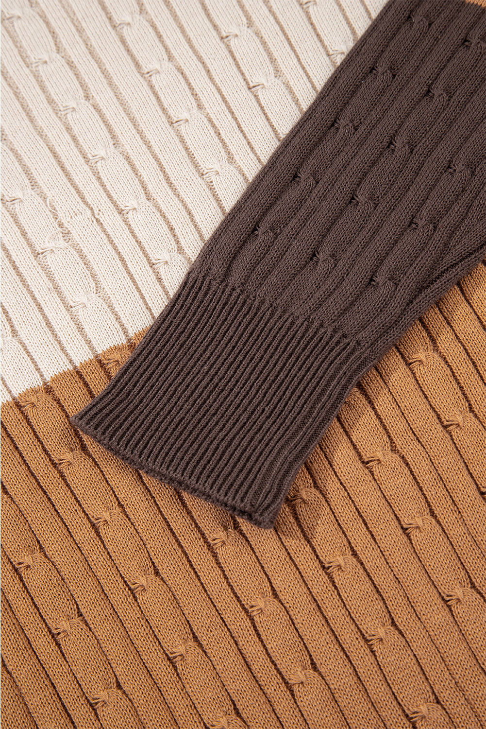 Khaki Colorblock Cable Knit Round Neck Sweater