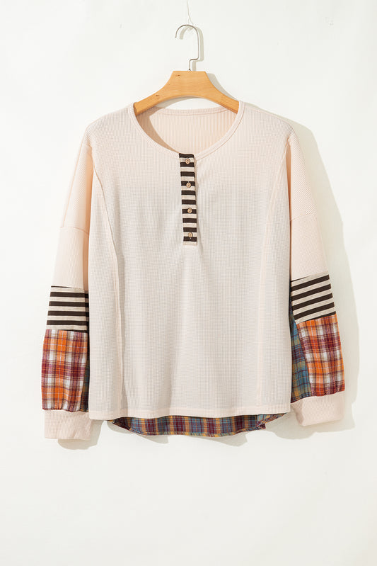 Parchment Plus Size Waffle Colorblock Striped Plaid Patchwork Half Button Pullover