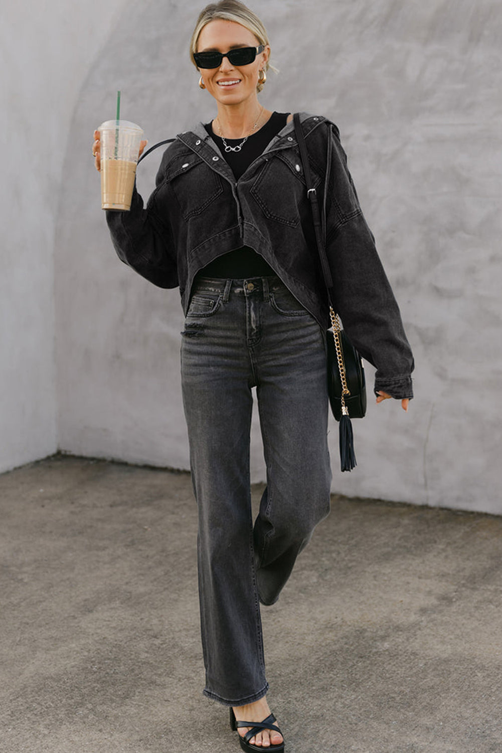 Black Big Chest Pocket Drop Shoulder Hooded Denim Jacket