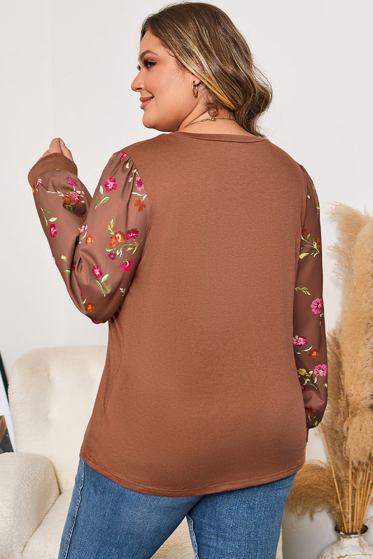 Brown Floral Sleeve Patchwork Round Neck Plus Blouse