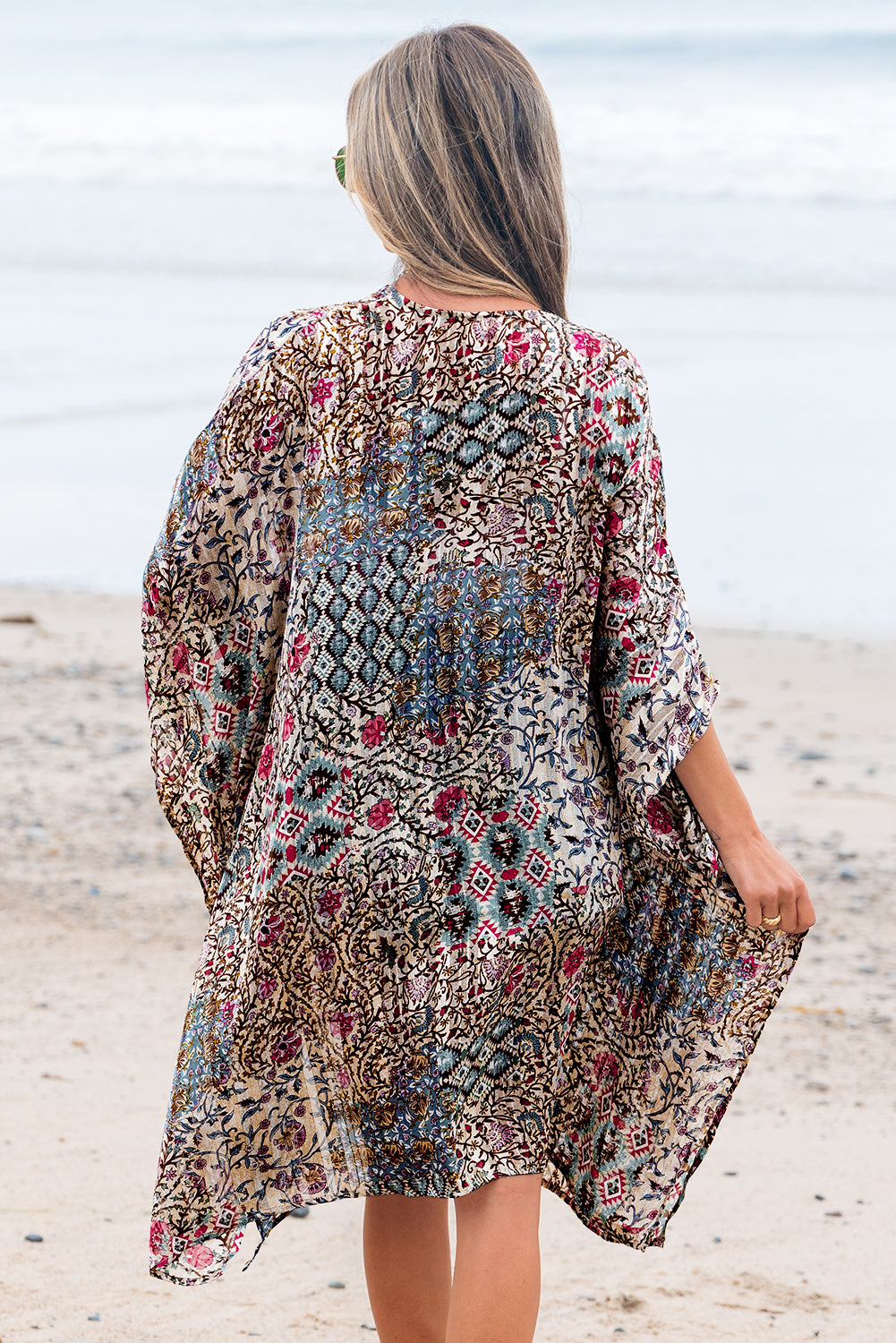 Apricot Floral Print Short Wide Sleeve Open Front Loose Kimono