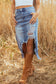 Myosotis Irregular Distressed Bottom Denim Midi Skirt