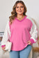 Bonbon Lace Striped Patchwork Long Sleeve Corded V Neck Plus Size Top