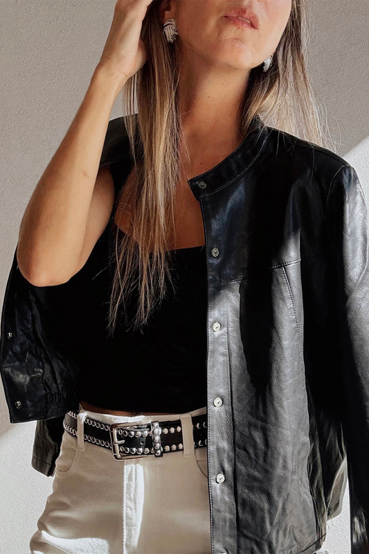 Black Faux Leather Buttoned Front Boxy Jacket