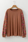 Brown Floral Sleeve Patchwork Round Neck Plus Blouse