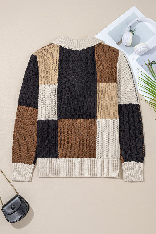 Multicolour Color Block Cable Knit Sleeve Buttons Collared Sweater