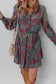 Green Floral Friled V Neck Puff Sleeve Ruffled Shirt Dress