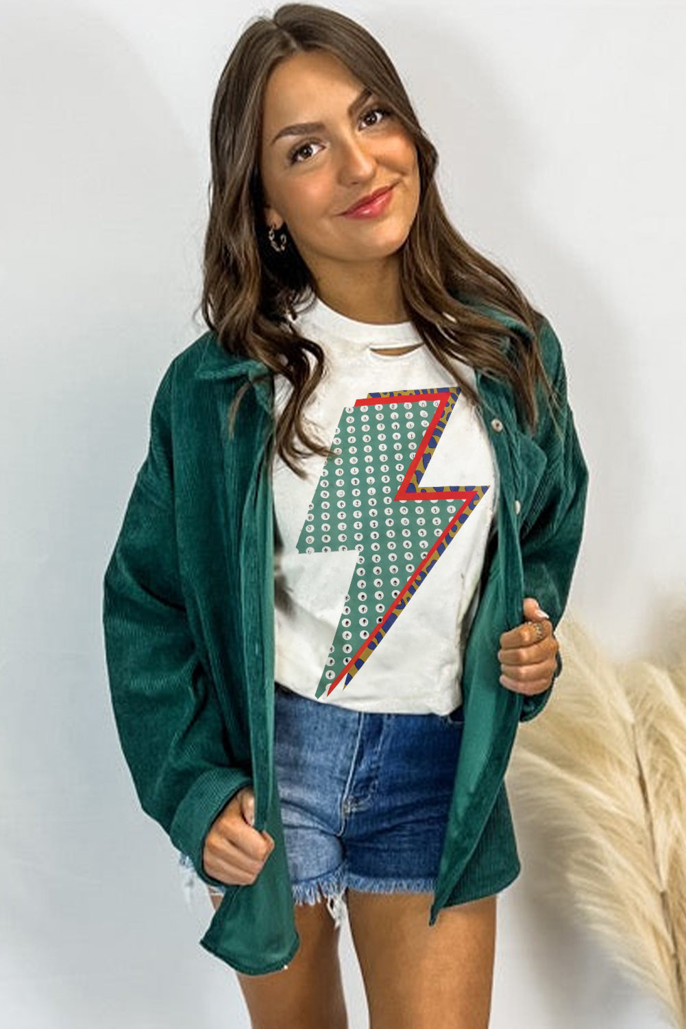 White Rhinestone Decor Bolt Graphic Ripped Western Tee