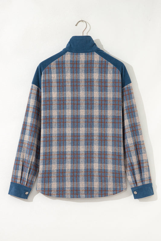 Gray Plaid Corduroy Patchwork Collared Zip Up Snap Button Jacket