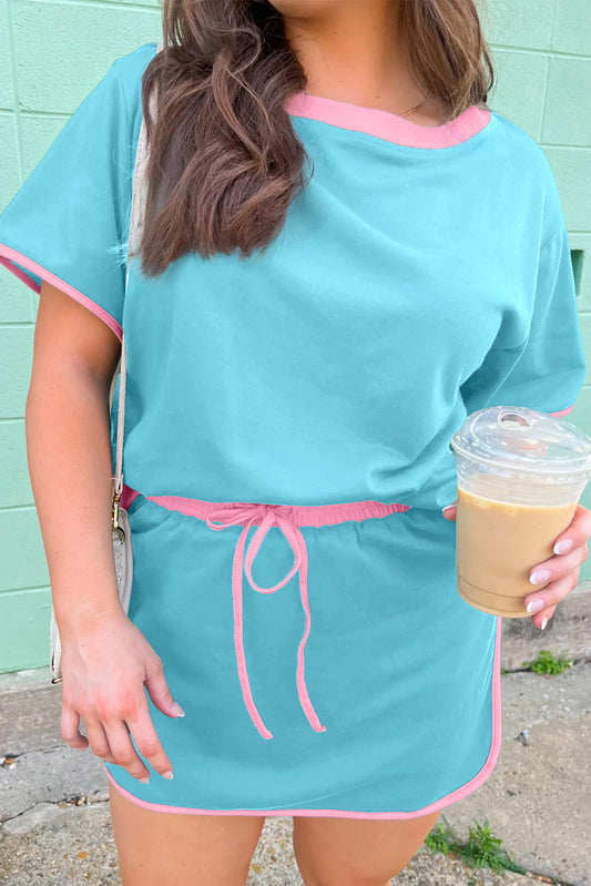 Turquoise Plus Size Contrast Trim T Shirt and Skirt Two Piece Set