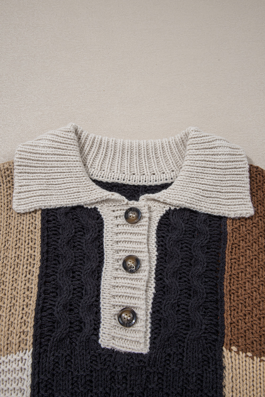 Multicolour Color Block Cable Knit Sleeve Buttons Collared Sweater