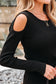 Black Ribbed Knit Cold Shoulder Sweater
