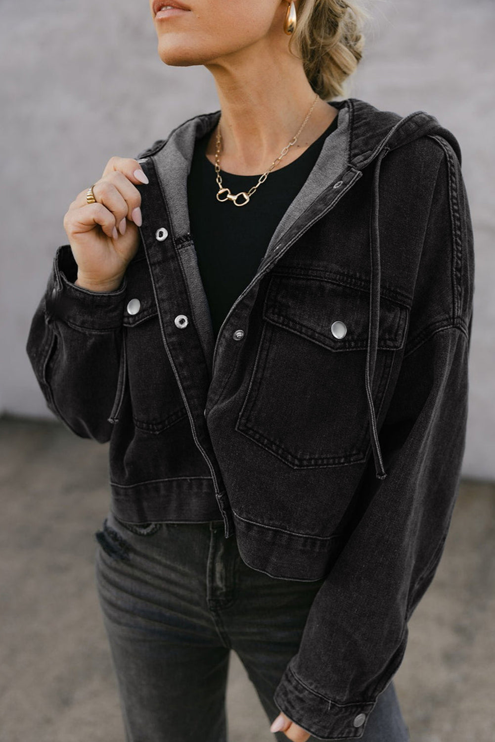 Black Big Chest Pocket Drop Shoulder Hooded Denim Jacket