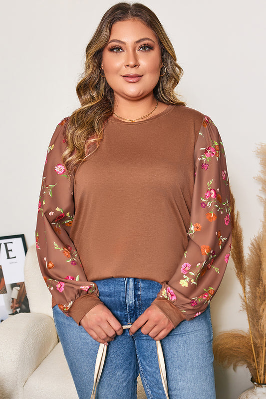 Brown Floral Sleeve Patchwork Round Neck Plus Blouse