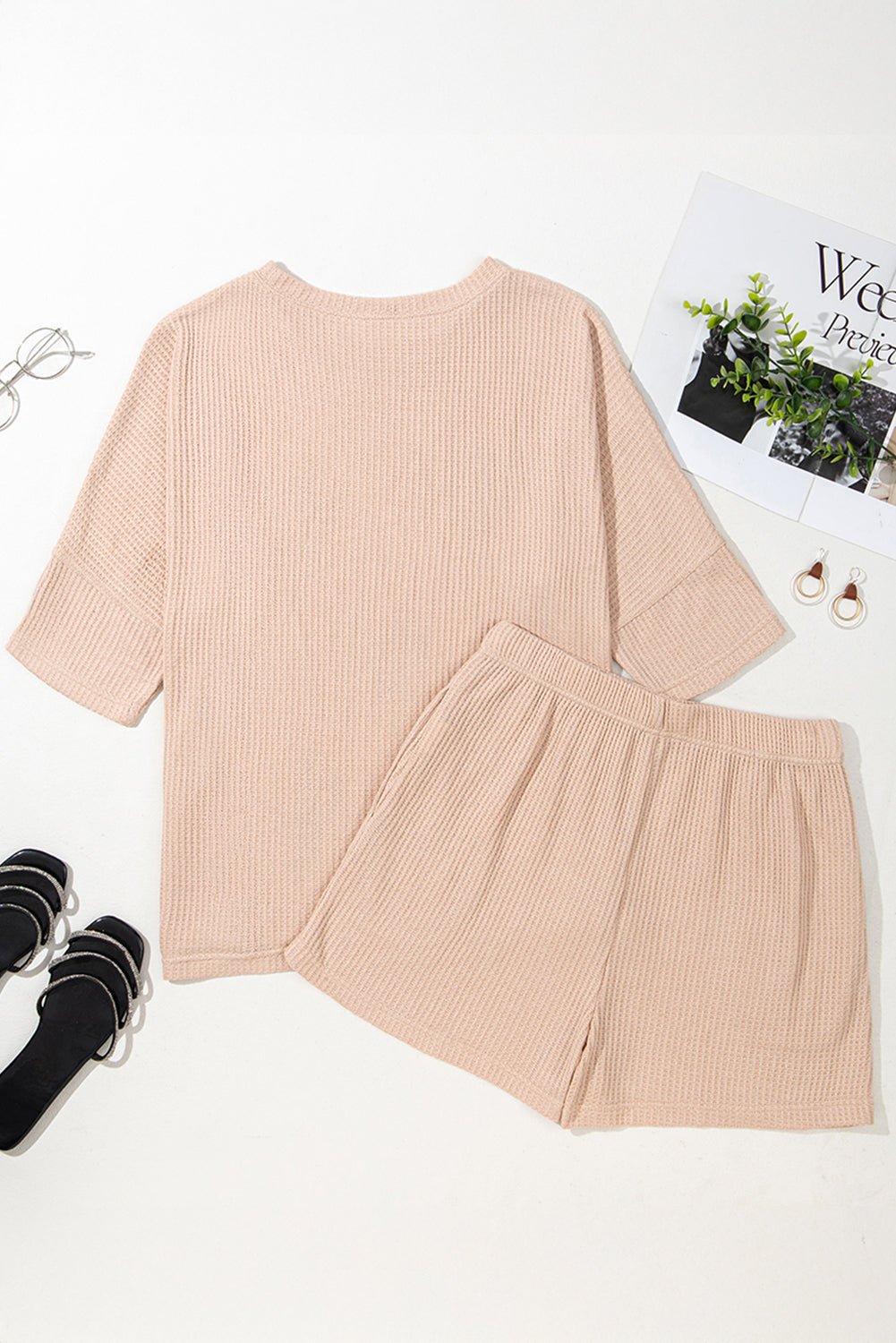 Light French Beige Cactus Forest Waffle Half Sleeve Tee Short Set