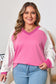 Bonbon Lace Striped Patchwork Long Sleeve Corded V Neck Plus Size Top