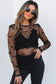 Black Bow Pattern Accent Mesh Long Sleeve Top