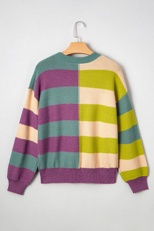 Green Stripe Drop Shoulder Ribbed Edge Casual Sweater