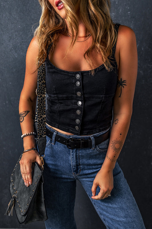 Black Acid Wash Buttoned Cropped Slim Denim Tank Top