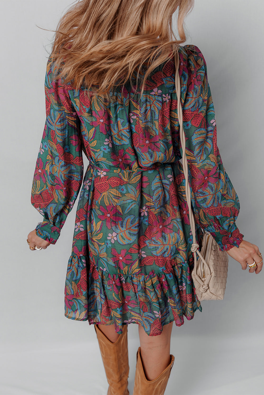 Green Floral Friled V Neck Puff Sleeve Ruffled Shirt Dress