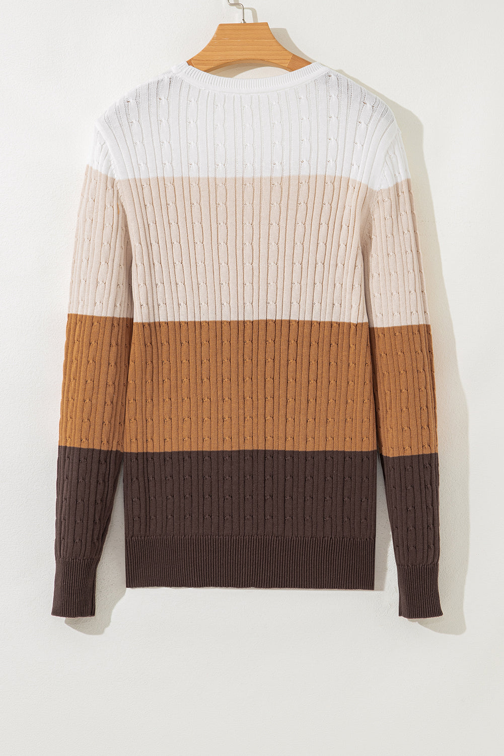 Khaki Colorblock Cable Knit Round Neck Sweater