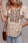 Khaki Boho Floral Print Half Placket Short Sleeve Loose Blouse