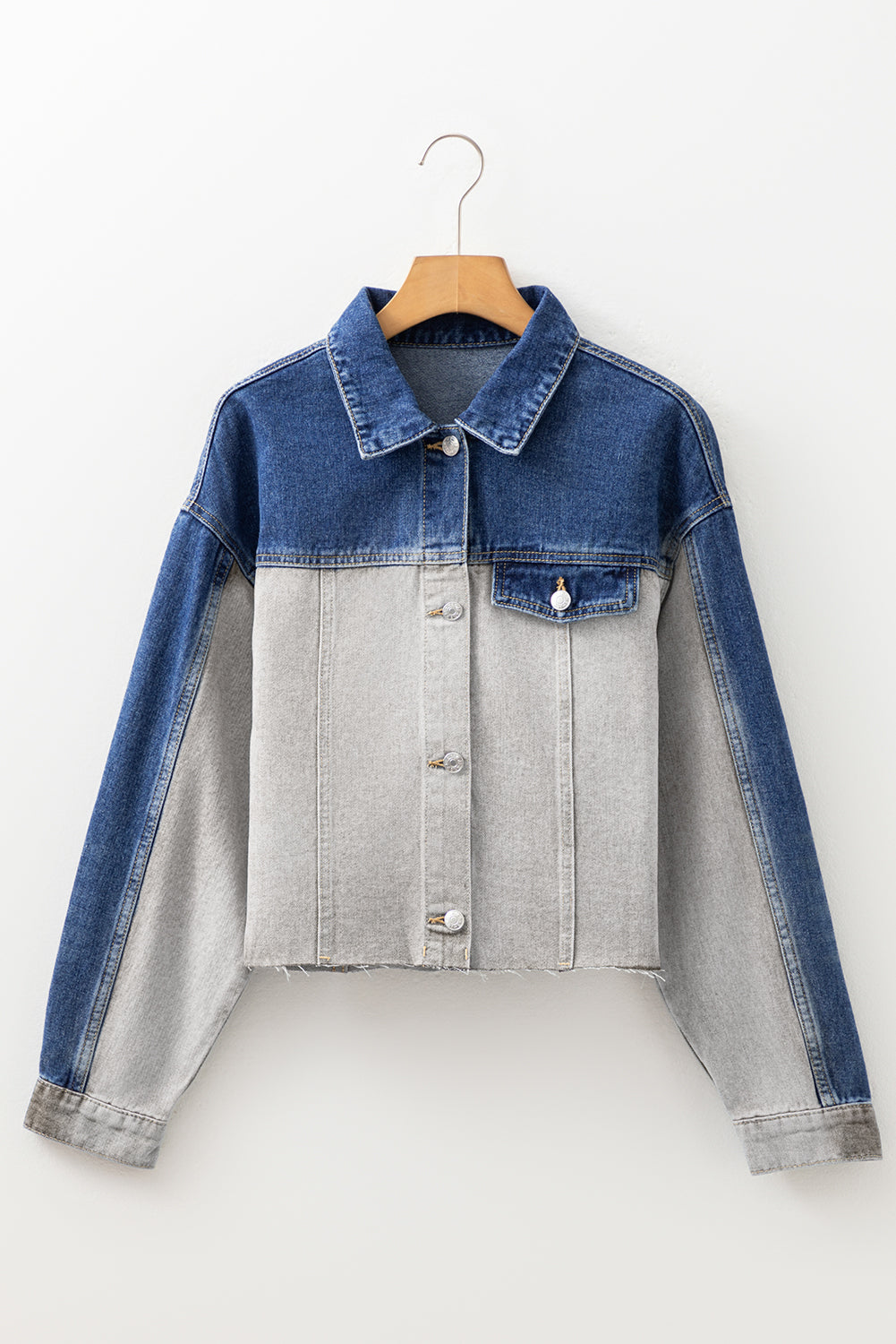 Dusk Blue Color Block Patchwork Flap Detail Distress Denim Jacket