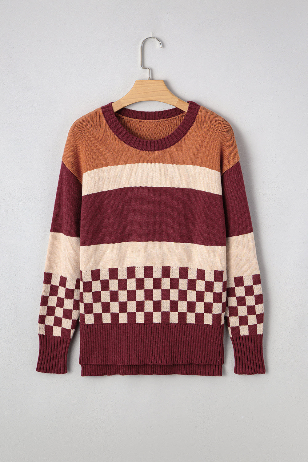 Brown Checkered Color Block Knitted Drop Shoulder Sweater
