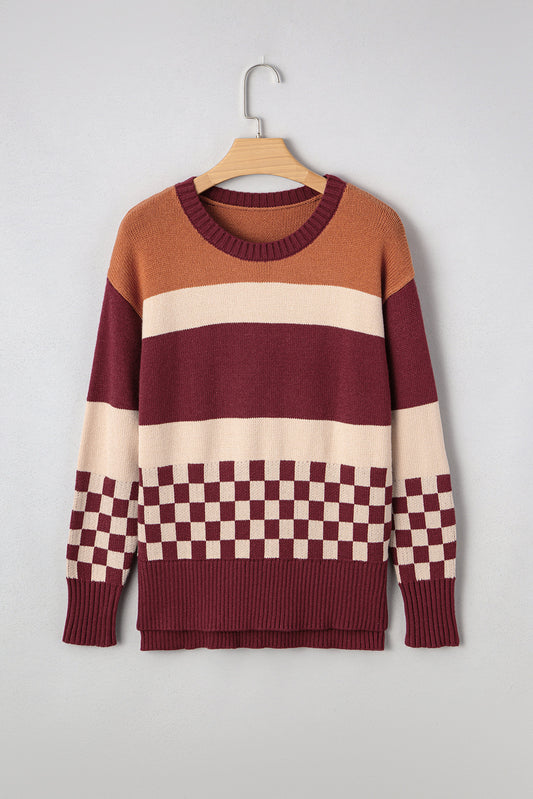 Brown Checkered Color Block Knitted Drop Shoulder Sweater