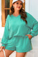 Sea Green Drop Shoulder V Neck Pullover Top and Drawstring Short Plus Size Set