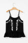 Black Floral Embroidery Ruffled Spaghetti Straps Tank Top