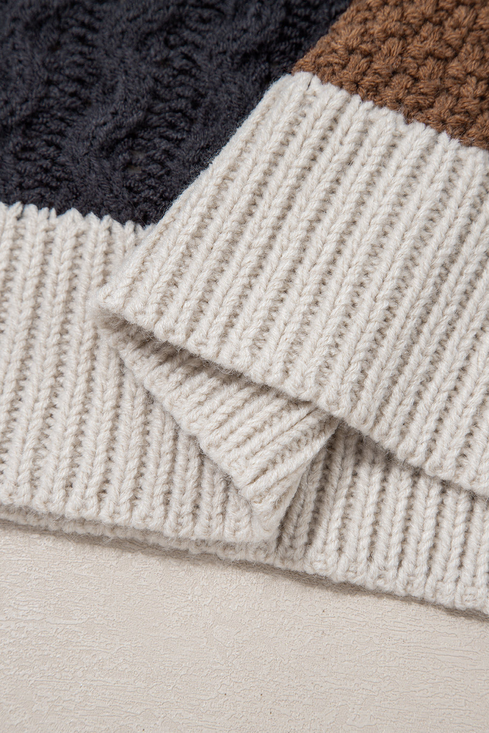 Multicolour Color Block Cable Knit Sleeve Buttons Collared Sweater