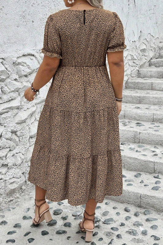 Brown Plus Size Leopard Print Frill Trim Short Sleeve Flared Dress