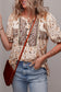Khaki Boho Floral Print Half Placket Short Sleeve Loose Blouse