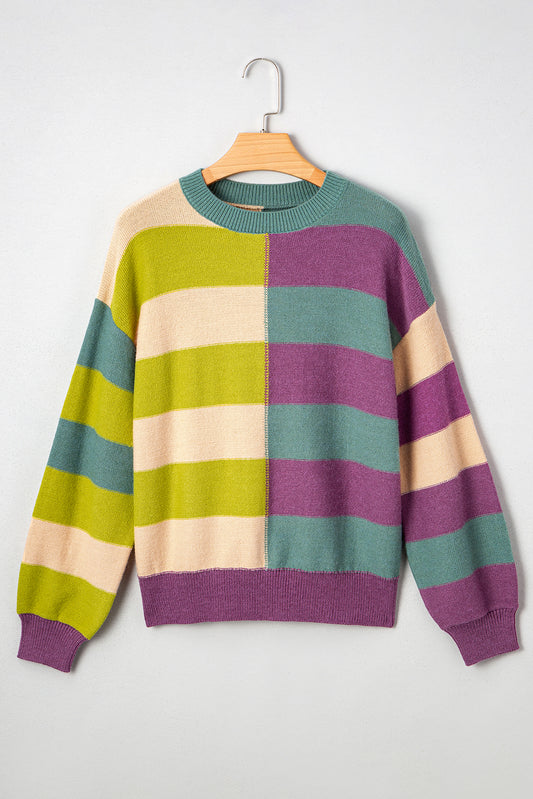 Green Stripe Drop Shoulder Ribbed Edge Casual Sweater