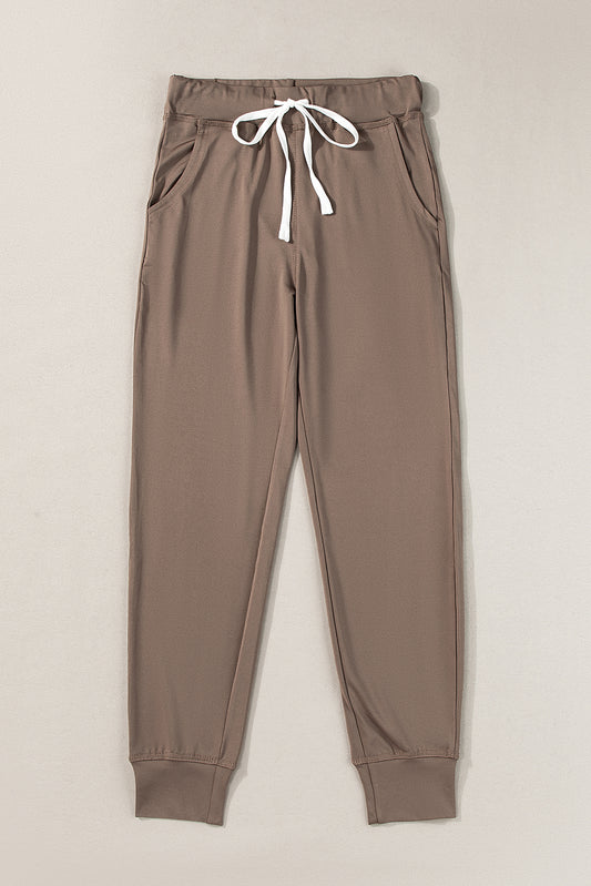 Dark Brown Drawstring Elastic Waistband Pocketed Joggers
