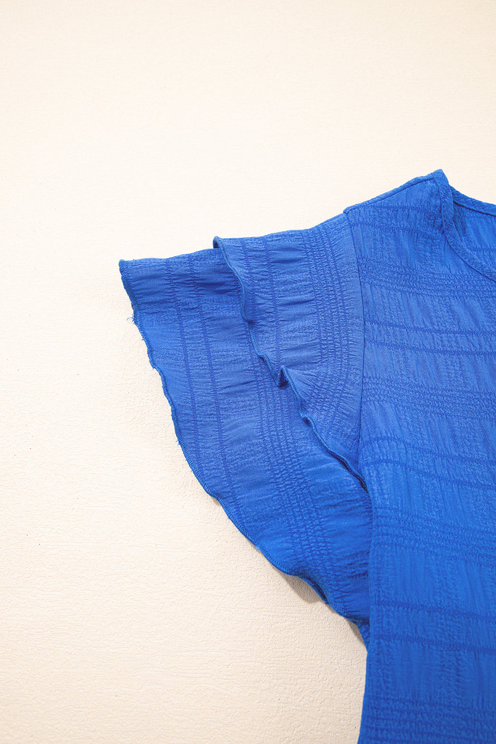 Dark Blue Textured Ruffled Sleeve Round Neck Top