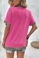 Bright Pink Leopard Patchwork Corded Texture V Neck T Shirt