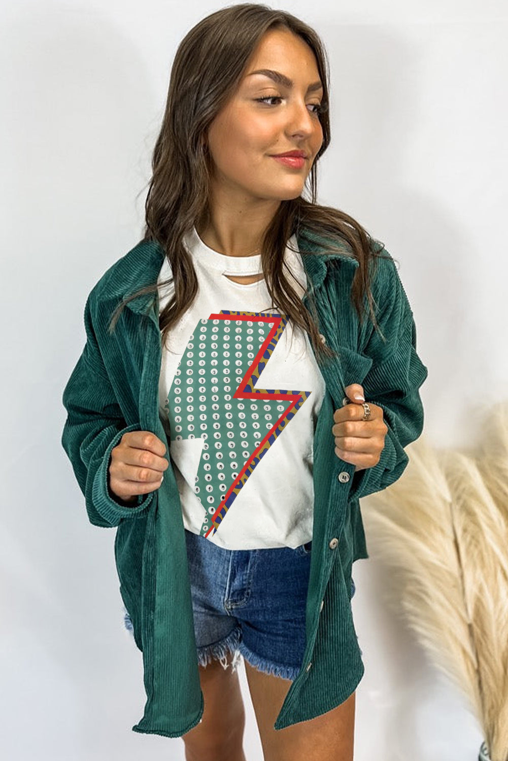 White Rhinestone Decor Bolt Graphic Ripped Western Tee